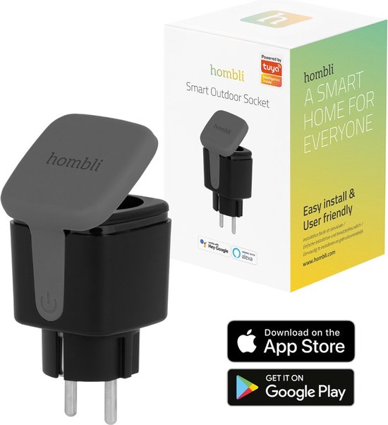 Hombli Smart Outdoor Socket – Slimme stekker voor buiten – Energiemonitor – Timer en Schema’s - Spraakbesturing via Google Assistant, Alexa en Siri - Weerbestendig – Zwart