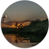 Dibond Muurcirkel - Zon achter de Bomen langs Meer - 140x140 cm Foto op Aluminium Muurcirkel (met ophangsysteem)