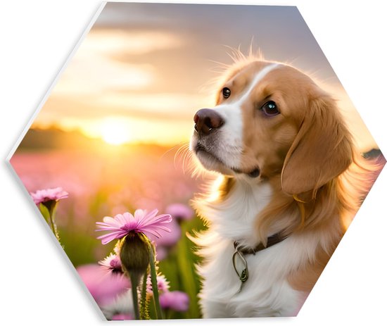 PVC Schuimplaat Hexagon - Bruin met Witte Hond in Veld Vol Roze Bloemen met Zonsondergang - 30x26.1 cm Foto op Hexagon (Met Ophangsysteem)