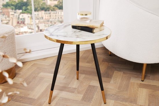 Retro bijzettafel PARIS 45cm wit goud glas marmeren design salontafel zwarte poten rond - 43418