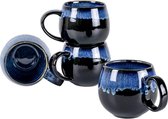 Porseleinen koffiemokken, set van 4 mokken met oren, elk 530 ml, porseleinen mokken voor thee, koffie, melk, cappuccino, blauw