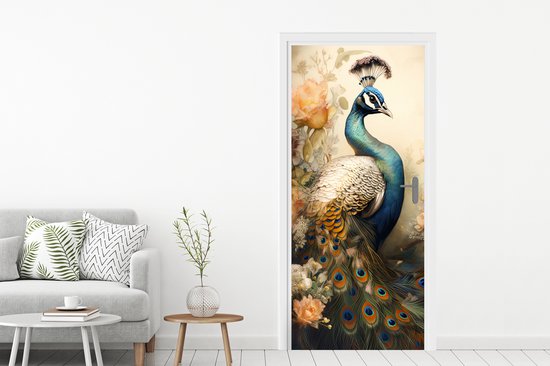 Sticker porte Paon - Plumes de paon - Fleurs - Vogels - Botanique - 80x205 cm - Poster porte