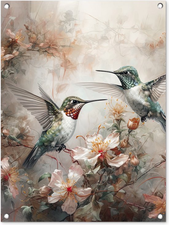 Tuinschilderij Kolibrie - Vogels - Bloemen - Planten - 60x80 cm - Tuinposter - Tuindoek - Buitenposter