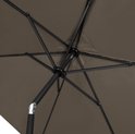 Detail van het mechanisme van de taupe parasol met zwart frame.