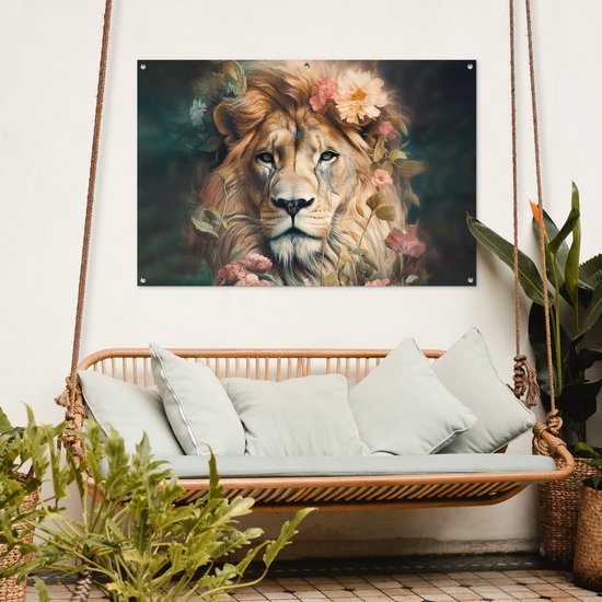 Affiche jardin - Toile jardin - Posters de jardin extérieur - Lion - Tête de lion - Animaux sauvages - Fleurs - 120x80 cm - Jardin