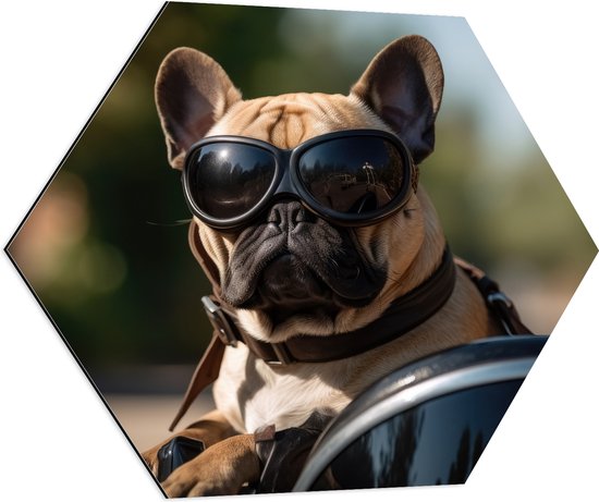 Dibond Hexagon - Bulldog Hond met Zonnebril Rijdend op Motor - 70x60.9 cm Foto op Hexagon (Met Ophangsysteem)