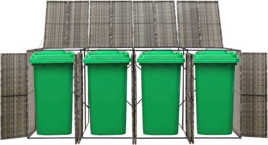 Grijze containerberging met open zijkanten en deuren, met vier groene containers erin.