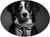 Dibond Ovaal - Berner Sennen Hond in Zakelijk Pak met Stropdas (Zwart- wit) - 56x42 cm Foto op Ovaal (Met Ophangsysteem)