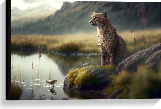 Canvas - Cheetah op Rots langs Rivier door Natuurgebied - 60x40 cm Foto op Canvas Schilderij (Wanddecoratie op Canvas)