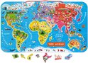 Carte du monde magnétique avec des illustrations colorées d'animaux, de bâtiments et de transports par pays. Inclut 92 aimants.