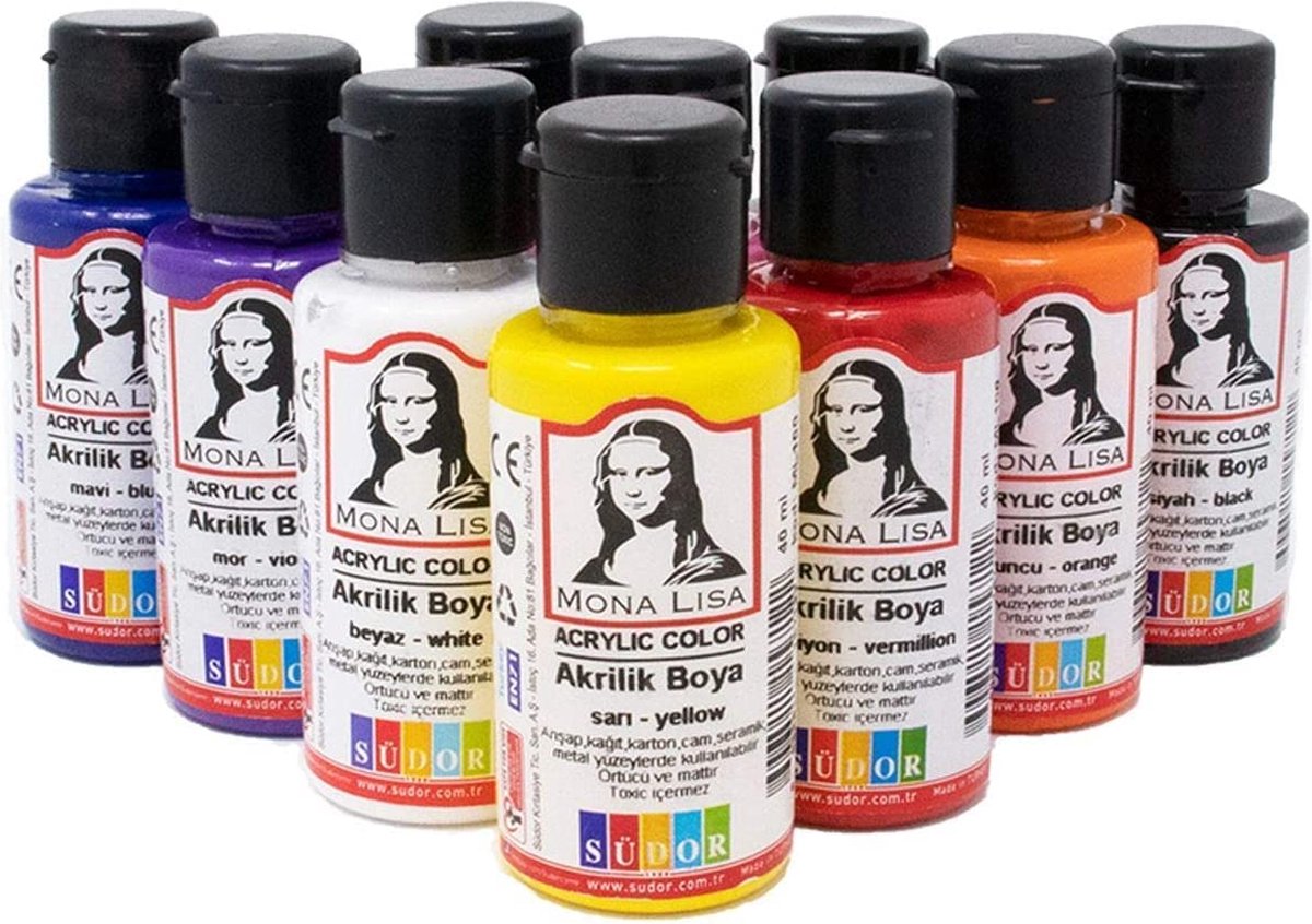 Südor Monalisa acrylverfset met penseel, 10 x 40 ml acrylset, voor kinderen en volwassenen om te schilderen op hout, steen en canvas, 10 kleuren + penseel — afbeelding 8