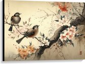 Canvas - Tekening van Tak met Vogels en Bloemen - 100x75 cm Foto op Canvas Schilderij (Wanddecoratie op Canvas)