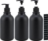 Lotion Dispenser, 3 stuks, 500 ml zeepdispenser voor shampoo, vloeibare zeep, douchegel, afwasmiddeldispenser om te vullen met etiketten, navulbaar, bevroren plastic fles voor keuken badkamer plat mondstuk
