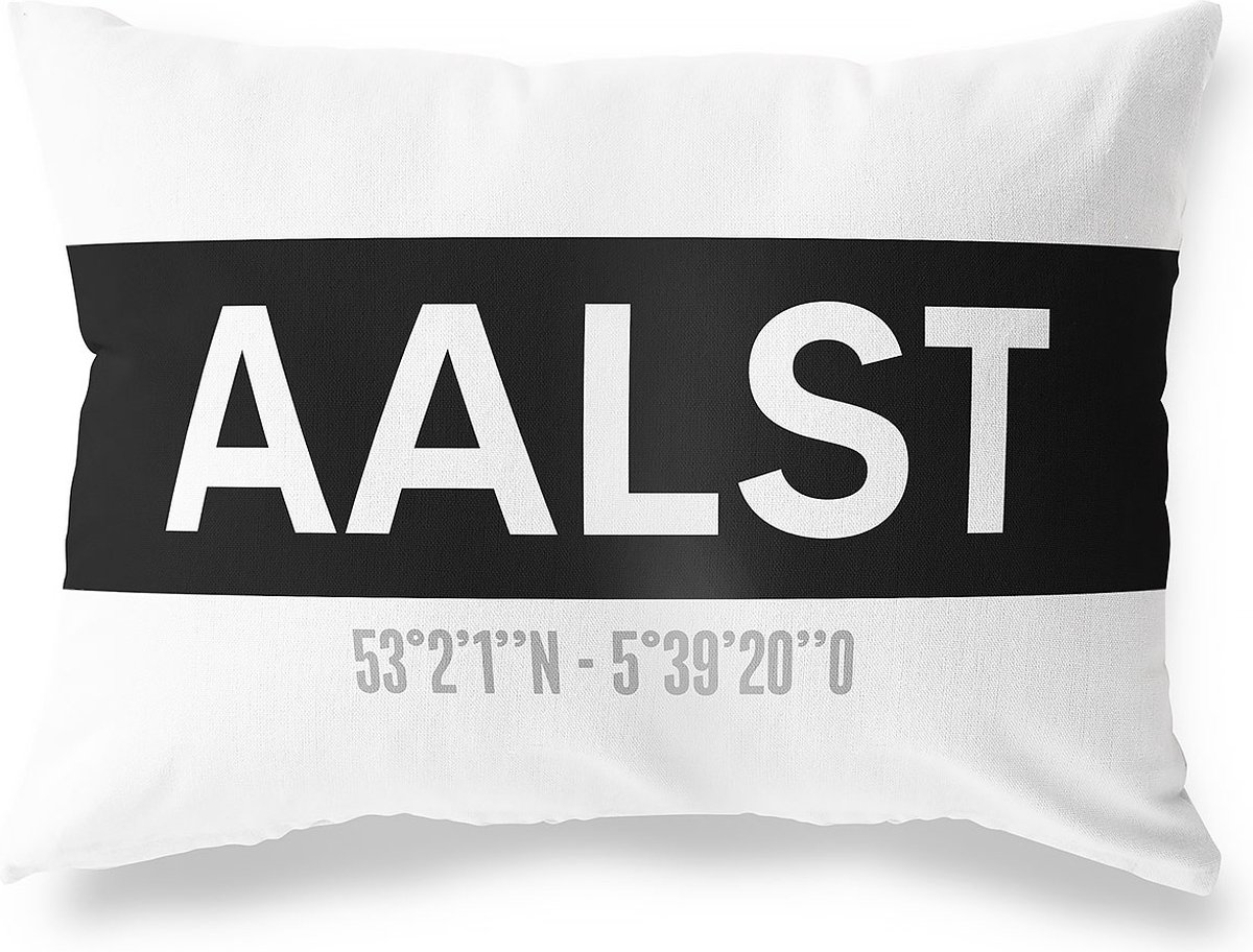 Tuinkussen AALST - GELDERLAND met coördinaten - Buitenkussen - Bootkussen - Weerbestendig - Jouw Plaats - Studio216 - Modern - Zwart-Wit - 50x30cm