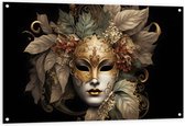 Tuinposter – Venetiaanse carnavals Masker met Gouden en Beige Details tegen Zwarte Achtergrond - 120x80 cm Foto op Tuinposter (wanddecoratie voor buiten en binnen)