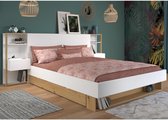 Bed met nachtkastjes en opbergvakken - 160 x 200 cm - Kleuren: Wit en houtlook + Bedbodem - MISTA L 255.1 cm x H 102.6 cm x D 244.9 cm