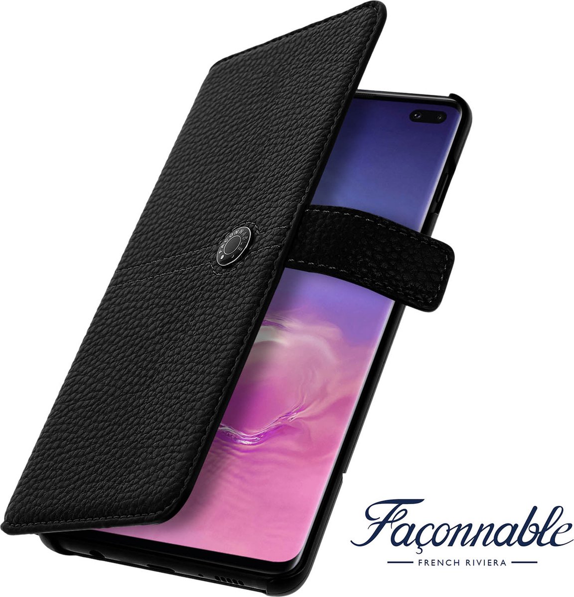 Façonnable, Hoesje Geschikt voor Samsung Galaxy S10 Plus G975 Folio Sellier met gelakte knop, Zwart