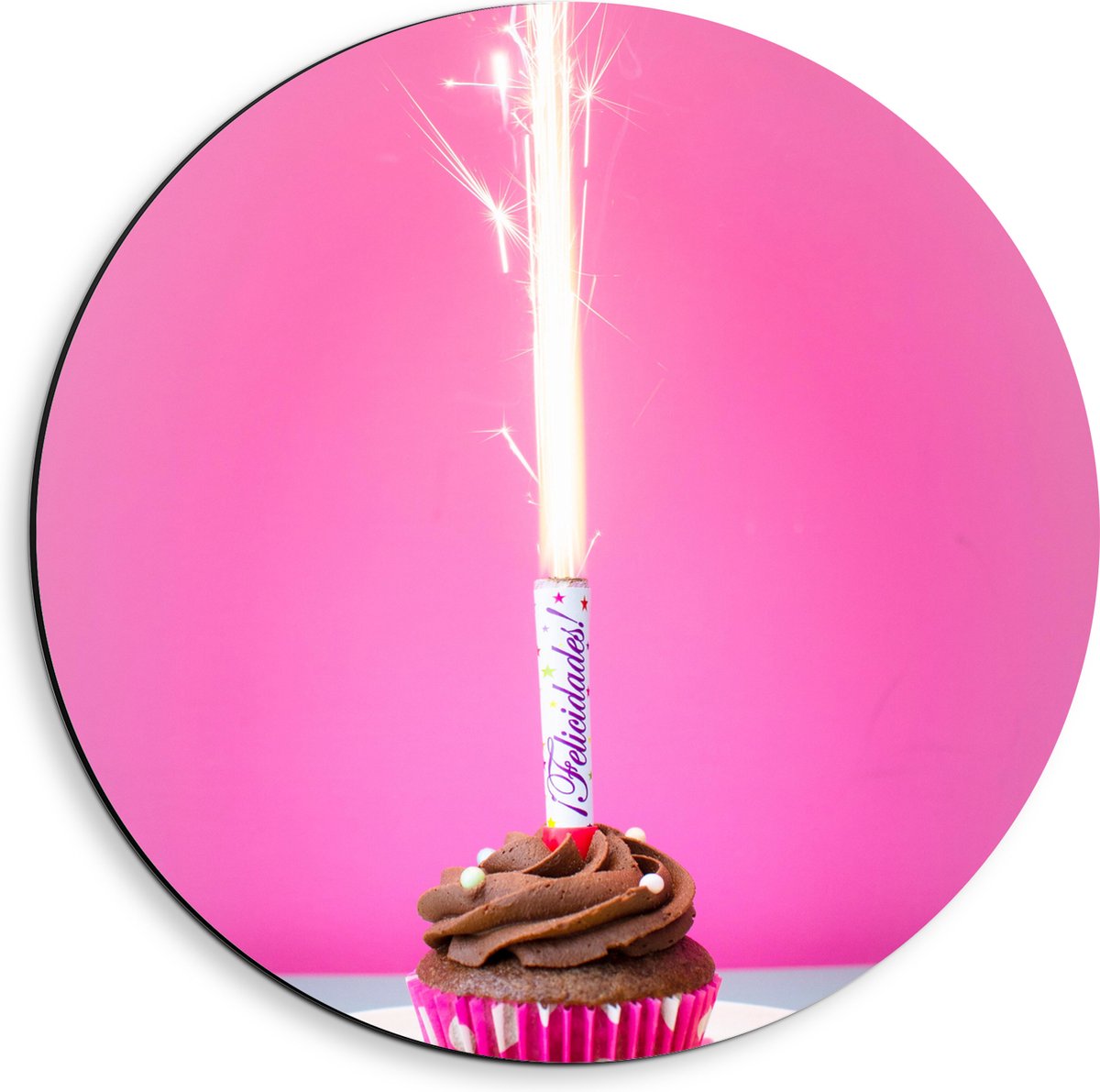 Dibond Muurcirkel - Verjaardagscupcake met Chocolade Topping en Fontein - 40x40 cm Foto op