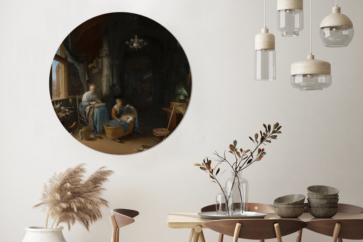 WallCircle® - Behangcirkel 120x120 cm - Muurstickers De jonge moeder - Schilderij van Gerrit Dou - Muurcirkel woonkamer - Wandcirkel slaapkamer - Kamer decoratie zelfklevend - Muurdecoratie accessoires XXL