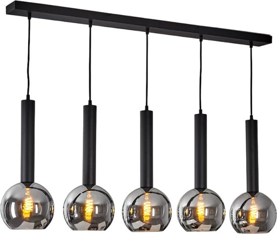MANDEE.NL - Mopa Moderne Rechthoekige Glazen Hanglamp 5-lichtbronnen - 7 lichts | rookglas | eettafel lamp | eetkamer / woonkamer | glazen bollen | landelijk / modern design