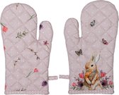 HAES DECO - Set van 2 Ovenwanten - formaat 18x30 cm - kleuren Beige / Rose - van 100% Katoen - Collectie: Happy Bunny - Ovenhandschoenen