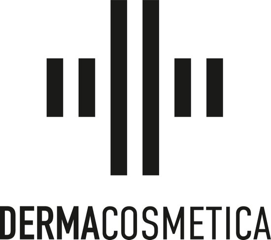 Logo van Dermacosmetica, een zwart verticaal gestileerd symbool met aan weerszijden verticale lijnen.