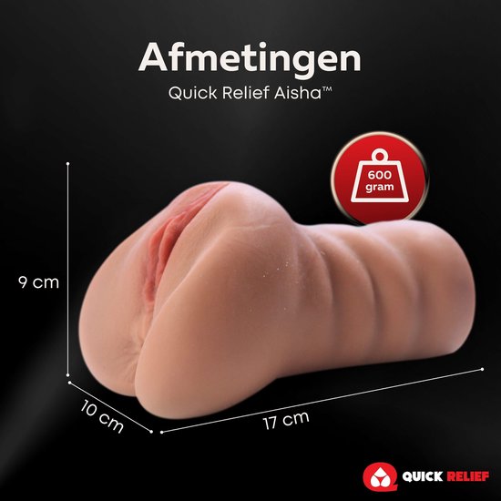 Afmetingen van de bruine Aisha masturbator: 9 cm hoog, 10 cm breed, 17 cm lang. 600 gram.