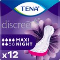Tena Discreet Maxi Night verpakking, 12 stuks, met opdruk van een bloem en maandverband.
