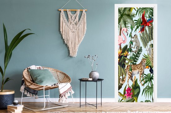 Sticker pour porte Jungle - Animaux - Filles - Enfants - Garçons - Flamingo - Perroquet - 85x215 cm - Poster de porte