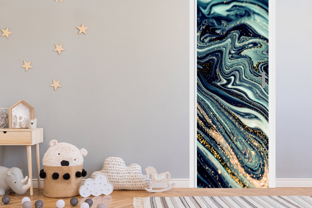 Deurposter 85x215 cm - Deursticker Marmer - Goud - Blauw - Glitter - Marmerlook - Abstract