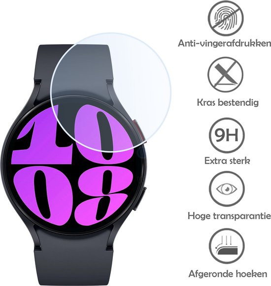Zwarte smartwatch met paars display, met een transparante screenprotector erop. Met anti-vingerafdruk, krasbestendig, extra sterk en hoge transparantie.