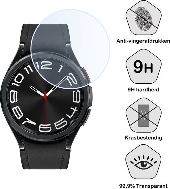 Zwarte smartwatch met glazen screenprotector en iconen: vingerafdrukken doorgekruist, 9H hardheid, krasbestendig, 99,9% transparant.