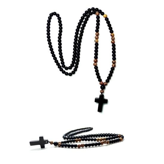 Sorprese en bois/plastique - collier pour homme - collier de perles - bois-noir - avec croix en pierre - 70 cm - perles de 6 mm - cadeau - Modèle Z