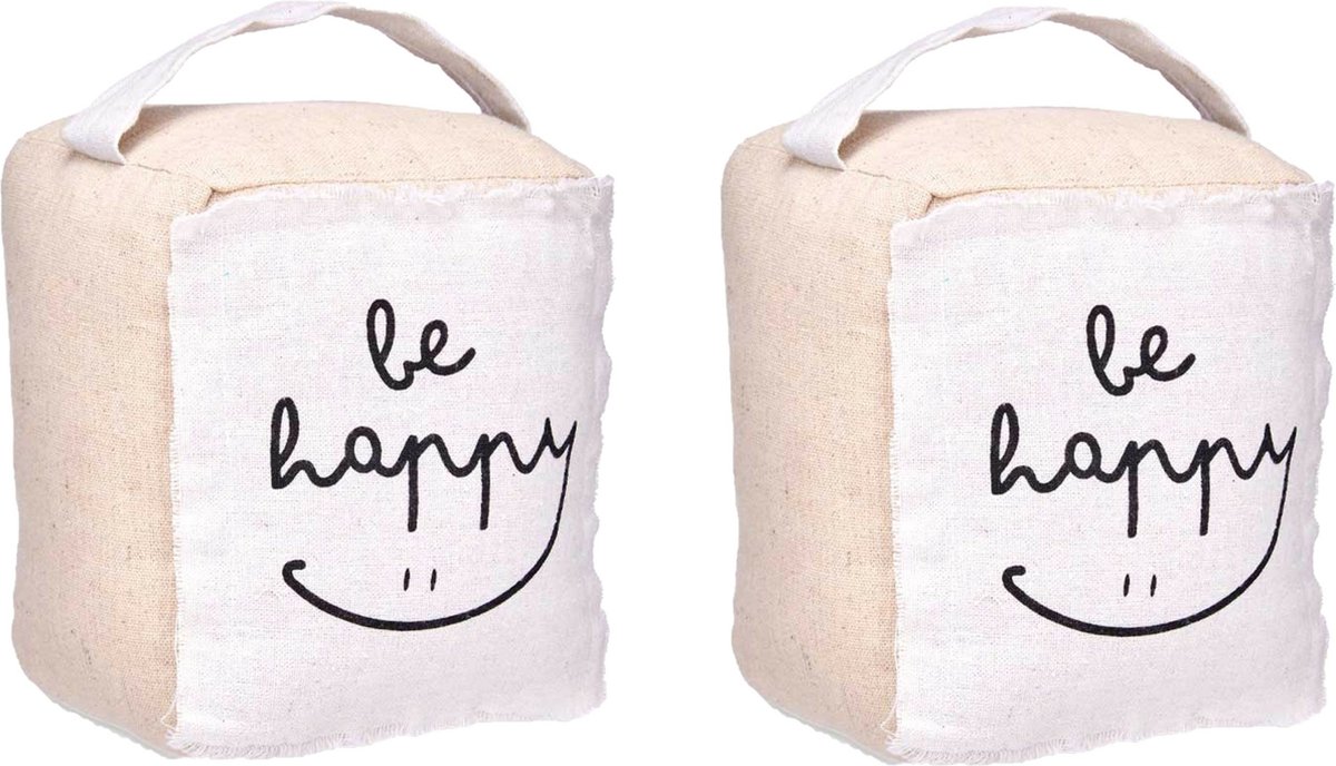 Giftdecor Deurstopper - 2x - 1 kilo - beige - canvas - Be happy - 14,5 x 16 x 19 cm