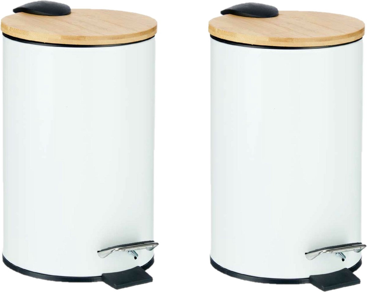 Goedkoopste Berilo Prullenbak/pedaalemmer - 2x - wit - 3 liter - metaal/bamboe - 17 x 23,5 cm