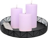 Bougies LED - 3x pcs - violet lilas - avec plateau rond noir/bougie assiette 29,5 cm - métal