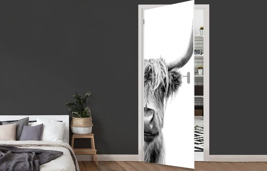 Sticker pour porte Highlander écossais - Animaux - Zwart - Wit - 80x215 cm - Affiche de porte