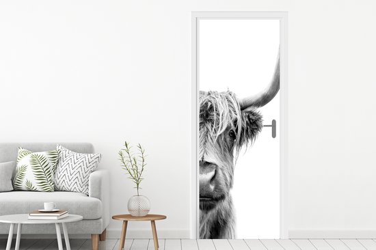Sticker pour porte Highlander écossais - Animaux - Zwart - Wit - 80x215 cm - Affiche de porte