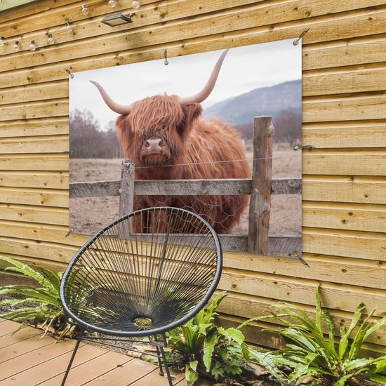 Affiche de jardin - Toile de jardin - Posters de jardin extérieur - Highlander écossais - Herbe - Clôture - 120x90 cm - Jardin