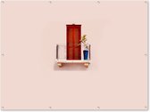 Muurdecoratie buiten Deur - Rood - Pastel - Architectuur - 160x120 cm - Tuindoek - Buitenposter