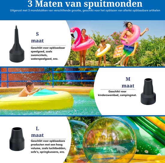 Elektrische Luchtpomp - 5000 Pa, USB 4000 mAh elektrische pomp, 2-in-1 elektrische pomp, powerpomp, inflator/deflator met 3 luchtsproeiers, voor luchtbed, vlotten, banken, boot, zwembadspeelgoed, zwemringen — afbeelding 5