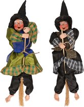 Halloween decoratie heksen pop op bezem - 2x - 44 cm - goud/groen