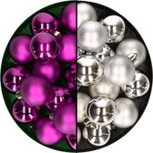 Kerstballen 32x st - mix zilver/paars - 4 cm - kunststof - kerstversiering