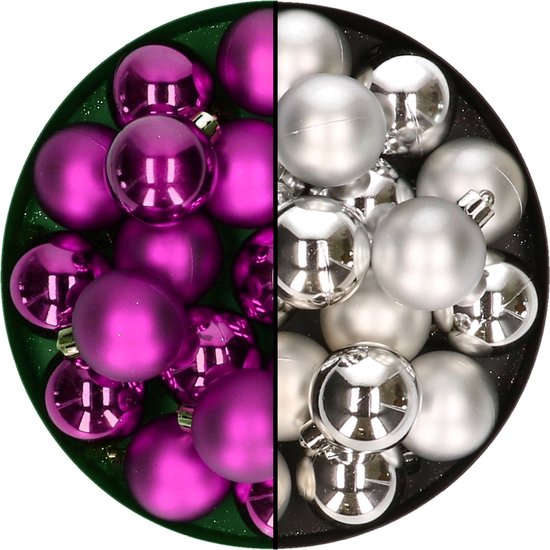 Kerstballen 32x st - mix zilver/paars - 4 cm - kunststof - kerstversiering