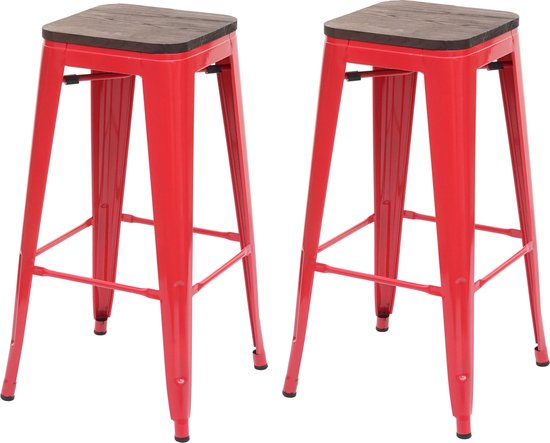 Set van 2 barkrukken MCW-A73 incl. houten zitting, barkruk tegenkruk, metaal industrieel ontwerp stapelbaar ~ rood