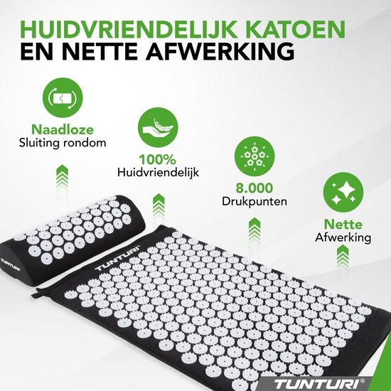 Tunturi Spijkermat met kussen - Acupressuur - Meditatie Mat - Acupunctuur Set - Massage en Ontspanning - 68x42x2 cm - Zwart