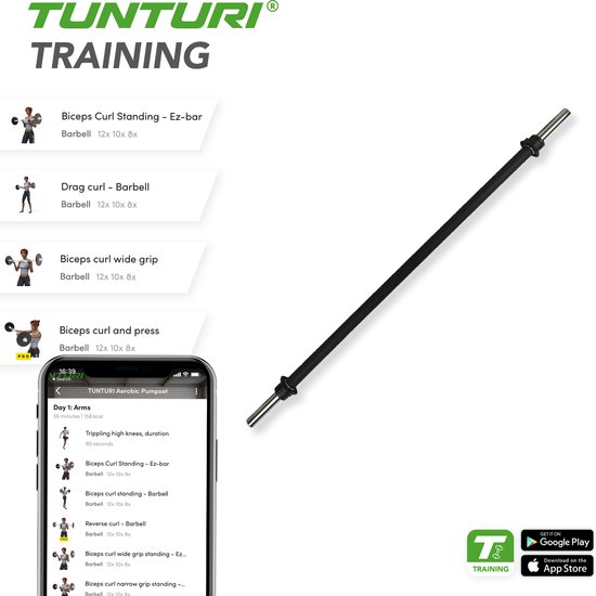 Zwarte halterstang met zilverkleurige uiteinden en klemmen, naast een telefoon met fitness app.
