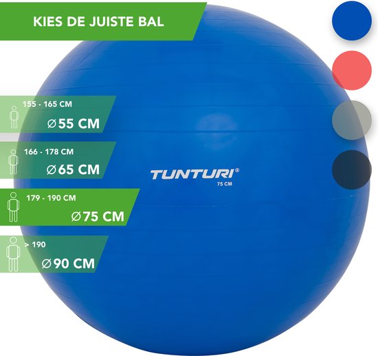 Tunturi Fitness bal - Yoga bal inclusief pomp - Pilates bal - Zwangerschaps bal - 75 cm - Kleur: blauw - Incl. gratis fitness app - Tunturi
