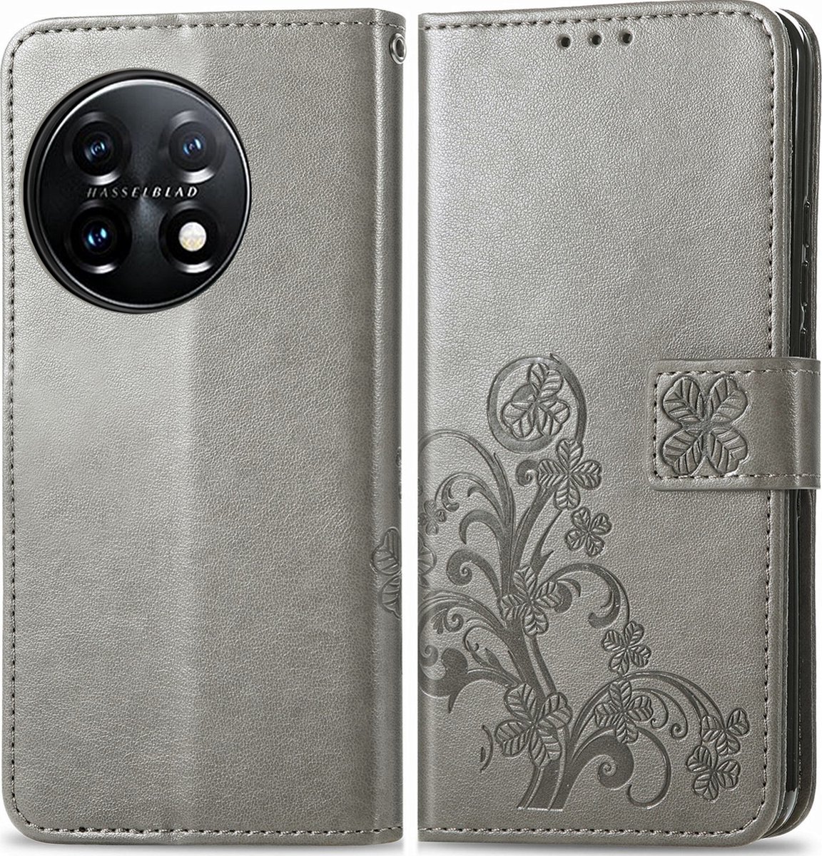 Mobigear Telefoonhoesje geschikt voor OnePlus 11 Hoesje | Mobigear Clover Bookcase Portemonnee | Pasjeshouder voor 3 Pasjes | Telefoonhoesje voor Pinpas / OV Kaart / Rijbewijs - Grijs
