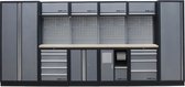 Kraftmeister werkplaatsinrichting - Werkbank met 4 wandkasten, 2 werkplaatskasten en multiplex werkblad - Werktafel met 9 laden, 1 opbergkast, 1 prullenbak en gereedschapswand - Complete set voor werkplaats of garage - Grijs
